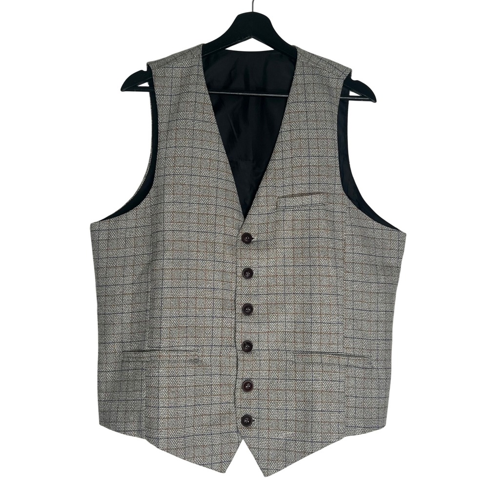 VOBOOM Mens Glen Plaid Suit Vest Grey Brown Check Waistcoat Adjustable Back L